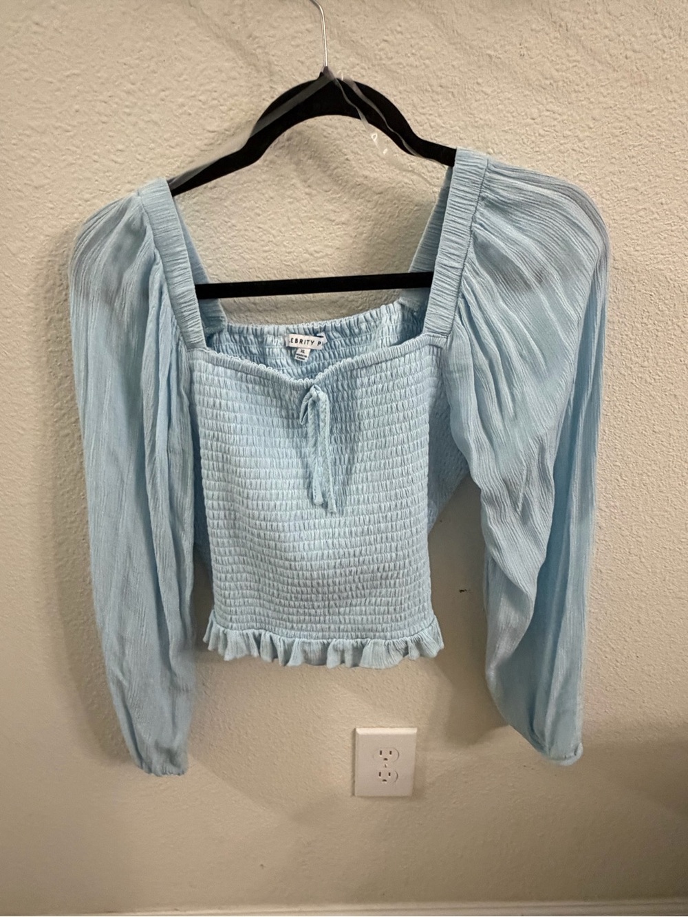 Celebrity Pink Pastel Blue Smocked Puff-Sleeve Square-Neck Top
